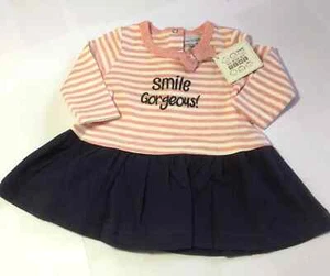 Neugeborenes Baby Mädchen Kleid "lächeln wunderschön" rosa/blau gestreift Schleife Baumwolle Newborn - Bild 1 von 3