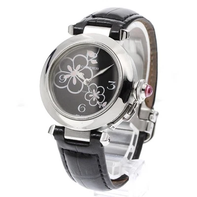 CARTIER PASHA C W3109699 35mm SS esfera negra correa de cuero automática #C739 Foto 1 de 4