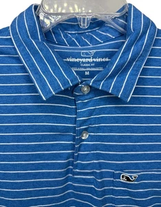 Vineyard Vines Men's Medium Blue White Stripe Polo Shirt Pima Cotton Whale Logo - Picture 1 of 9