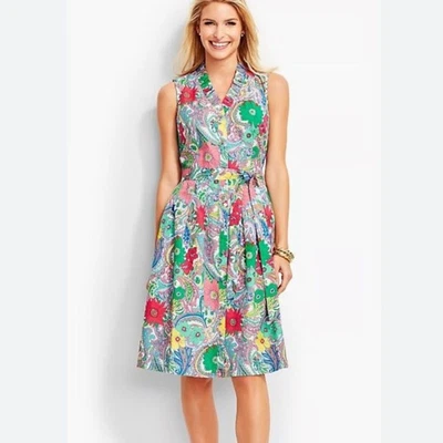 Vestido Talbots Nuevo sin Etiquetas Acampanado Floral Multicolor Midi Talla 6 Popelina Retro Plisado Botón Foto 1 de 4