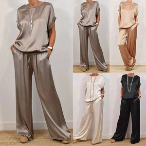 2Piece Ladies Loose Suit Casual Shirts Tops+Pants Satin Silk Outfits Co-Ord Set@ - Picture 1 of 16