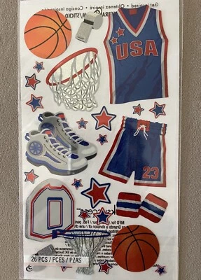 Лист стикеров «Баскетбольное снаряжение» наклейки, включает 26 наклеек, новый в упаковке - Изображение 1 из 3