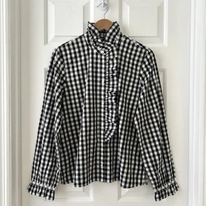 J. Crew Women 12 Black White Multi 100% Cotton Gingham Poplin Ruffle Blouse NWOT - Picture 1 of 10