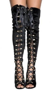 НОВЫЙ плащ Robbin - черный бархат бедра высоты заглянуть носок шнурует вверх Stiletto загрузки - 5,5 - Изображение 1 из 4