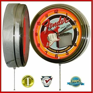 Guitarras y amplificadores Fender de 16" desde 1946 rojo neón iluminado reloj de pared cromado - Imagen 1 de 1