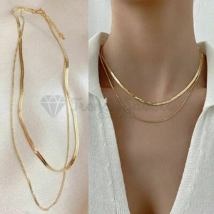 Women Gold Polished Snake Bone Link Chain Double Layer Choker Clavicle Necklace - Picture 1 of 12