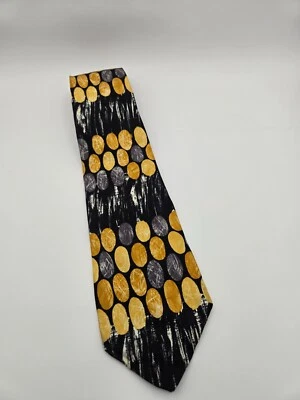 Bugatti Tie Mens Silk Black Gold Yellow Circle Dot Pattern Made In USA - Image 1 of 4