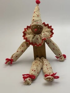 Antique Folk Art Clown Doll Primitive Handmade Wooden Body Hearts Pattern Fabric - Picture 1 of 5