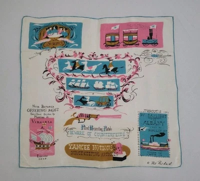 Pañuelo vintage Pat Prichard mediados de siglo colonial rosa verde azulado Foto 1 de 3