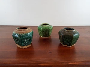 Antique Set Of 3 Chinese Glazed Ginger Jars Hexagonal Clay Containers Home Decor - Picture 1 of 12