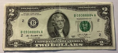 2013 $2 Dollar Bill 4 Of A Kind (4 In A Row) Serial Number: 09388884 - Image 1 of 2