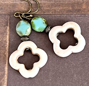 Bronze, Ivory Qua-trefoil and Turquoise Picasso Bead Earrings.