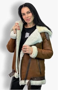 COGNAC WOMEN GENUINE SHEEPSKIN SHEARLING LEATHER COAT JACKET OVERSIZED XS-6XL - Picture 1 of 12