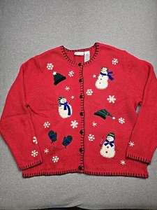 Croft & Barrow Sweater Womens Large Red Cardigan Christmas Snowmen Snowflakes - Picture 1 of 18