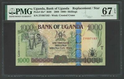 Uganda 1000 Shillings 2008 P43c* Replacement Uncirculated Grade 67 - Image 1 of 2