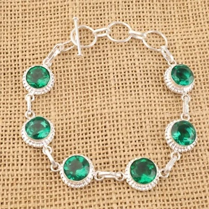 Pulsera de plata 925 natural verde esmeralda cadena artesanal bisel hermana nacimiento mayo - Imagen 1 de 6