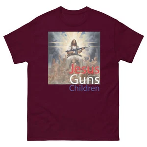 Jesus Guns Children Men's classic tee Inspiring T-Shirt Image of Jesus - Picture 1 of 6