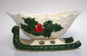 Vintage Christmas Lefton Holly Sleigh Sled Planter Vase Bowl - Picture 1 of 4