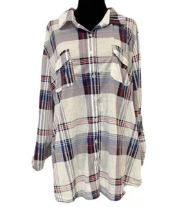 NWT York Laundry Plaid Pocket Button-Down Shirt Tunic White/Blue/Red Sz 1x - Picture 1 of 2