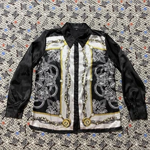 Gold Chain Satin Button Up Women's M Shirt Long Sleeve - Picture 1 of 5