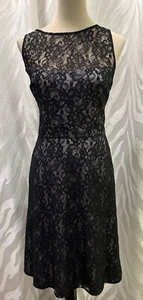 Belsoie Black Sheer Lace Silver Satin Lined Sleeveless V-back Dress Size 12 - Picture 1 of 9