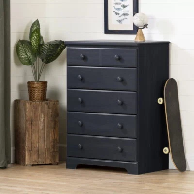 Navy Blue Wooden 5 Drawer Dresser Chest Drawers Clothes Storage Organize Bedroom - Image 1 of 4