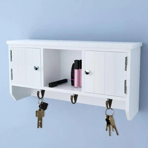 Entry 2 Door Storage Wall Cabinet Shelf Accessories Organiser with 3 Key Hooks - Picture 1 of 8
