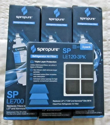 3 NEW Spiropure SP LE700 Refrigerator Water Filter +3 LE120 Air Filters Combo - Image 1 of 4