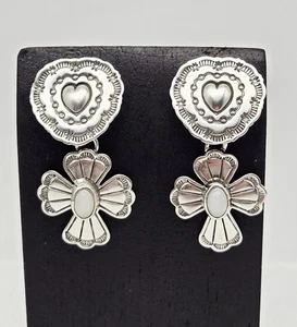 VTG Signed Navajo Elgin El Tom Sterling Silver Stamped MOP Cross Earrings 7.7g - Picture 1 of 7