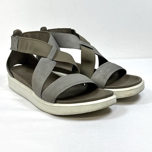 ECCO sandalo donna Yuma grigio pelle elastico cinturino alla caviglia piatto taglia Eu 41 US 10