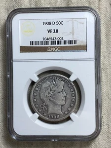 1908 D Barber Silver Half Dollar 50C NGC VF20 Nice Example - Picture 1 of 8