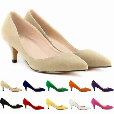 Womens Pointed Toe OL Shoes Kitten Mid Heel Slip On Party Dress Suede Pumps Sz - Image 1 of 2