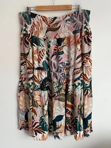 Floral Women Plus Sz 18 Pink Green Leaf Print Ruched Elastic Waist PullOn Tiered - Picture 1 of 10