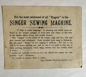Victorian trade card Singer Sewing Machine “Most Celebrated Of All Singers” B18 - Picture 1 of 4
