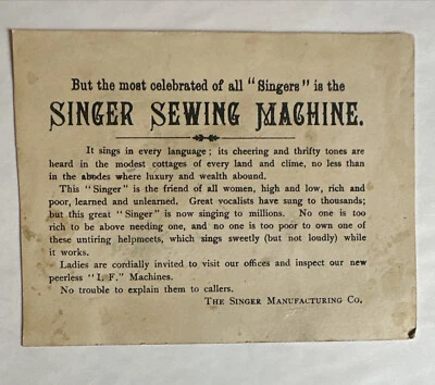 Victorian trade card Singer Sewing Machine “Most Celebrated Of All Singers” B18 - Image 1 of 4