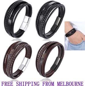 Stainless Steel Buckle Leather Bracelet Bangle Cuff Vintage Wristband Rope - Picture 1 of 7