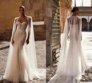 Mermaid Wedding Dresses With Pearls Shawl Beaded Strapless Layered Ruche Train - Picture 1 of 16