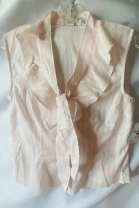 Neu mit Etikett Quizz Vintage Bluse rosa mit silbernen Streifen Rüschen vorne geknöpft Größe Large - Bild 1 von 8