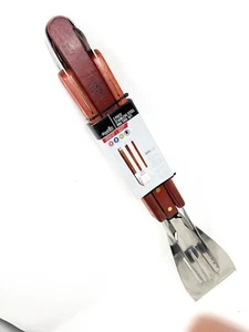 Char-Broil 3 pc BBQ Tool Set Wood Handles - Spatula - Fork - Tongs (NEW) - Picture 1 of 3