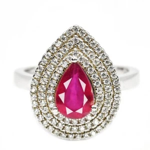 925 STERLING SILVER  HALO RING SIZE 9 NATURAL PINK RED RUBY PEAR & WHITE CZ - Picture 1 of 6