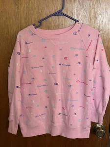 Champion Crewneck Sweatshirt Pink Loud Crazy Multiple Logos Print Girls XL - Picture 1 of 7