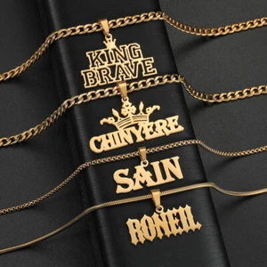 Collar personalizado de oro de 18 quilates con gran nombre para mujer y hombre cadena de eslabones cubanos colgante joyería - Imagen 1 de 12