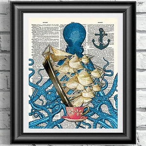 IMPRESIÓN ARTÍSTICA DE COLECCIÓN PÁGINA DE LIBRO DE DICCIONARIO azul pulpo náutico COLGANTE DE PARED - Imagen 1 de 3
