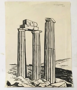 Original Signed 1948 Raul Anguiano Ink Drawing Roman Columns Important Mexico - Picture 1 of 5