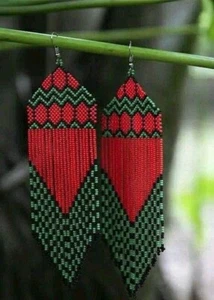 Tribal Earrings Native Large Boho American Seed Beads Handmade Earring - Picture 1 of 2