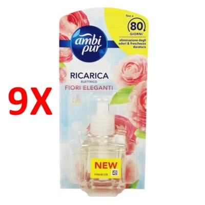 9 X Ambipur Elettrico Ricarica Liquida Fiori Eleganti 20 Ml
