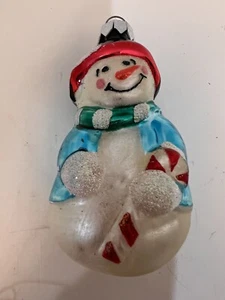 Glass Christmas Ornament Snowman Smile Holding Candy Cane 4" High - Picture 1 of 4