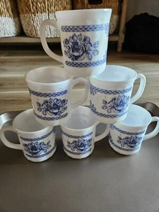 6 Arcopal France Honorine Coffee Cup Mug Blue & White Floral Roses Milk Glass - Picture 1 of 4