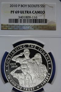 2010 P NGC PF69 ULTRA CAMEO BOY SCOUTS COMMEMORATIVE SILVER DOLLAR #B51097 - Picture 1 of 2