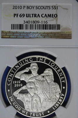 2010 P NGC PF69 ULTRA CAMEO BOY SCOUTS COMMEMORATIVE SILVER DOLLAR #B51097 - Image 1 of 2
